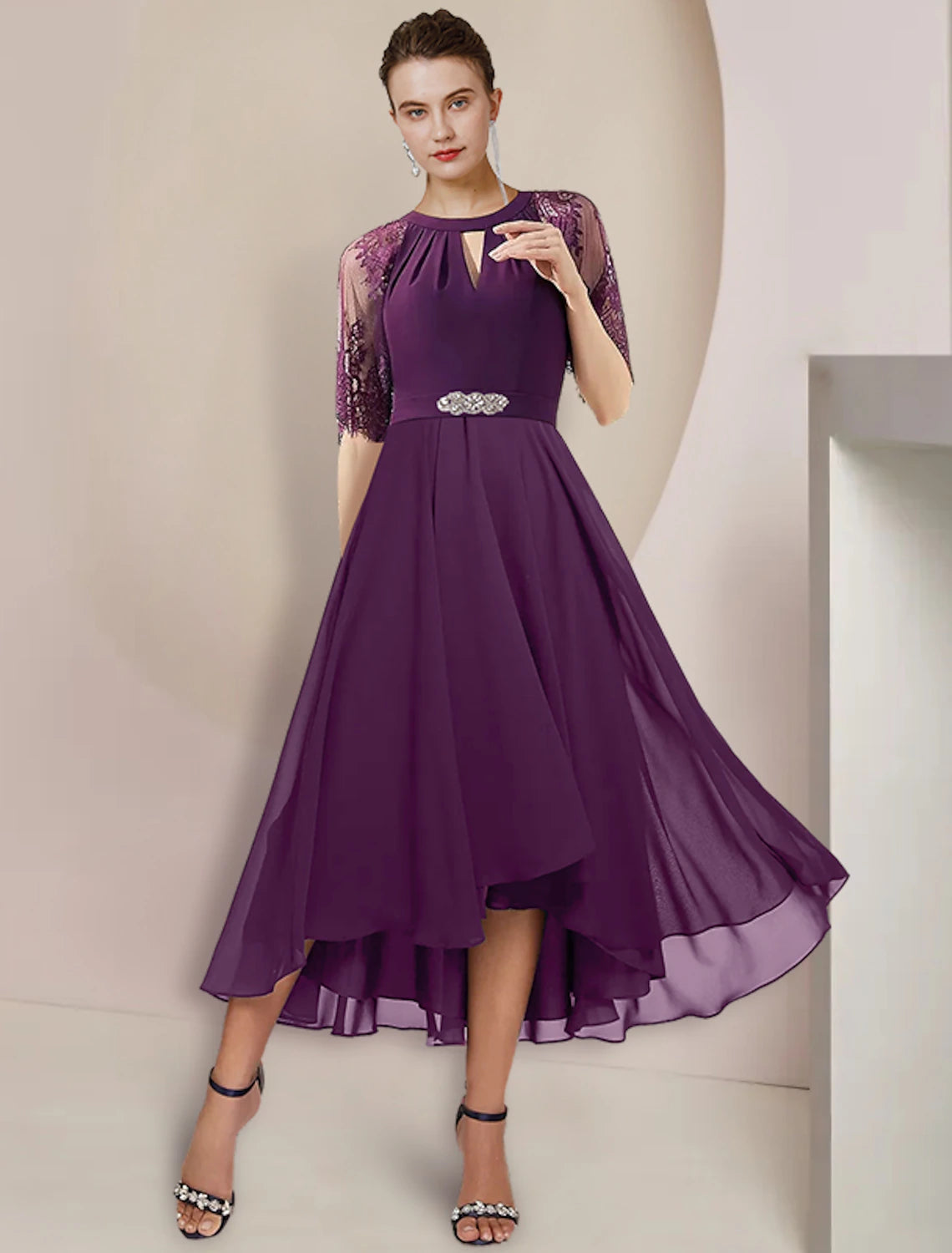 Wholesale  A-Line Mother of the Bride Dress Formal Wedding Guest Party Elegant High Low Scoop Neck Tea Length Chiffon Lace 3/4 Length Sleeve with Pleats Crystal Brooch